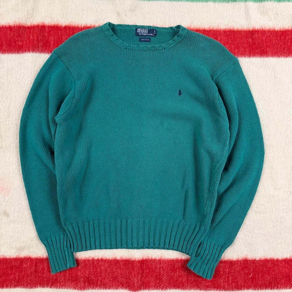 Vintage Polo Ralph Lauren 90s Knit Cotton Sweater Teal Green Mens Small